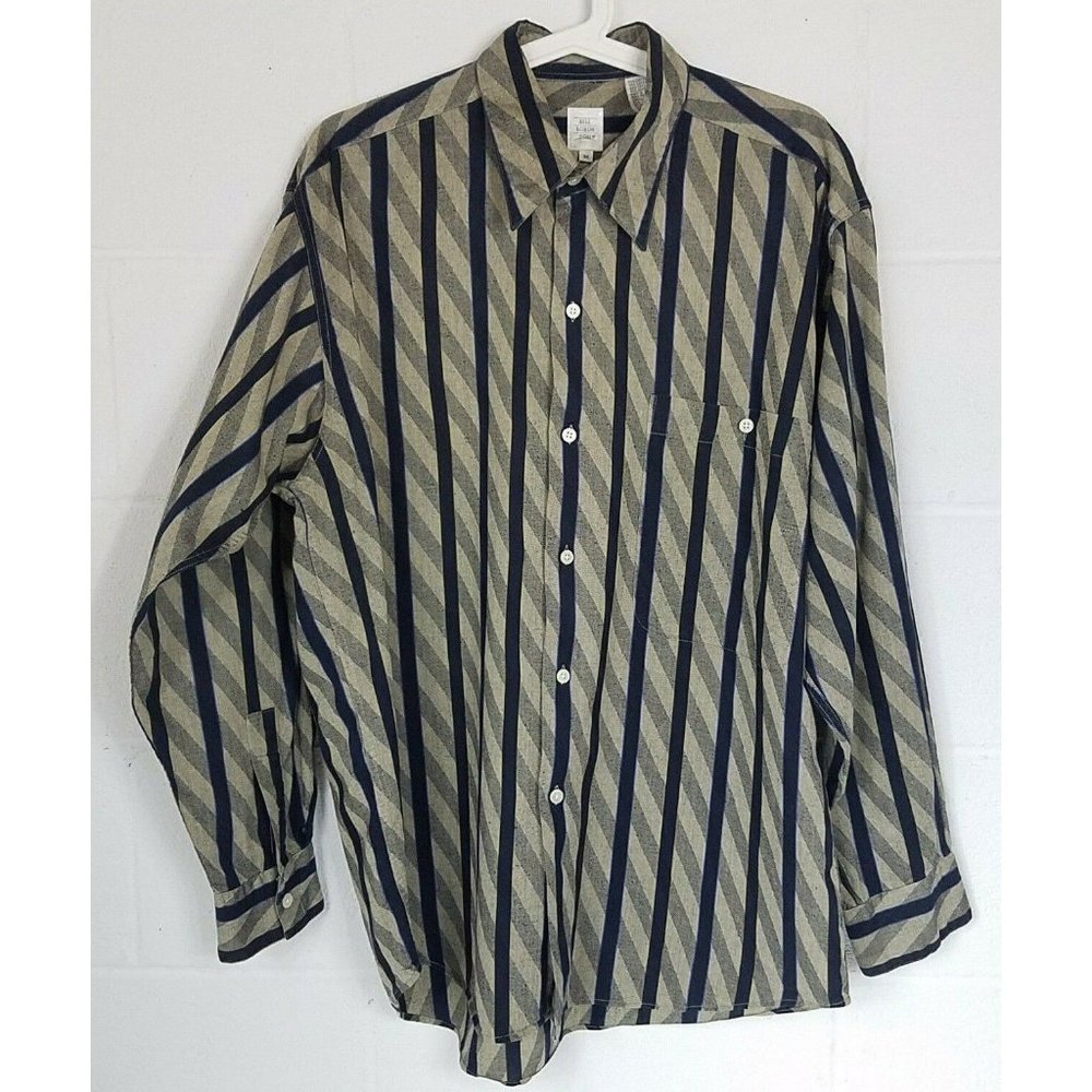 Bill Robinson Men's Medium Button Front Long Sleeve Shirt Khaki Black Striped